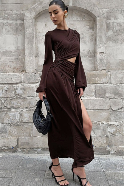 Ruched High Neck Long Sleeve Waist Cutout High Slit Maxi Dress