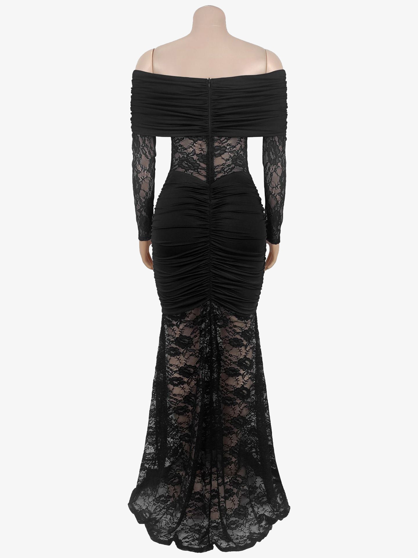 Off Shoulder Ruched Lace Sheer Panel Slim Fit Fishtail Long Gown For Women 2026