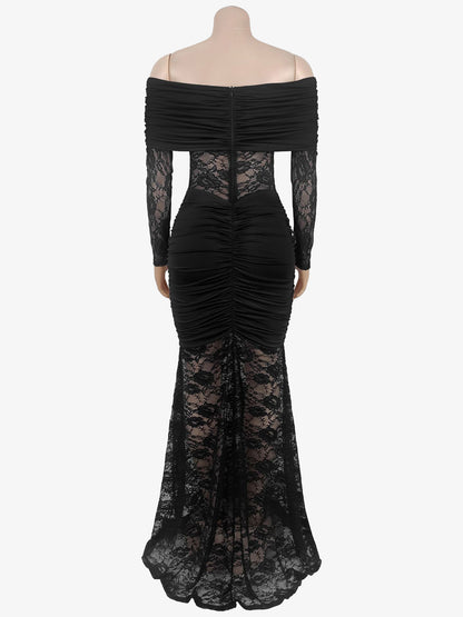 Off Shoulder Ruched Lace Sheer Panel Slim Fit Fishtail Long Gown For Women 2026