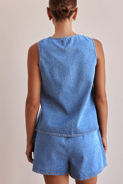 Stylish Sleeveless Round Neck Tie-up Casual Denim Vest