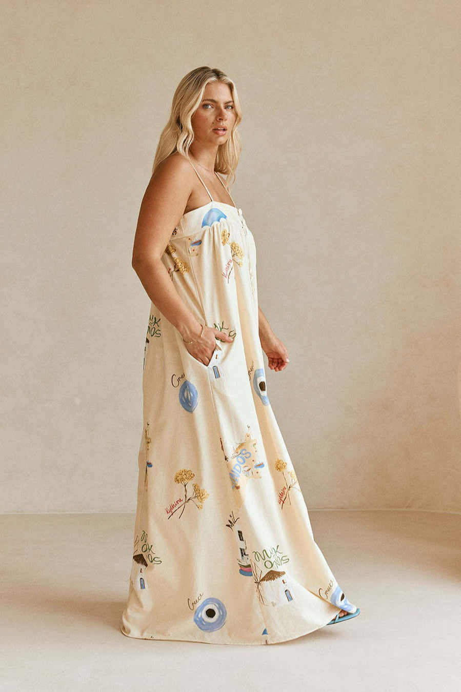 | Linen Maxi Dress with Spaghetti Straps