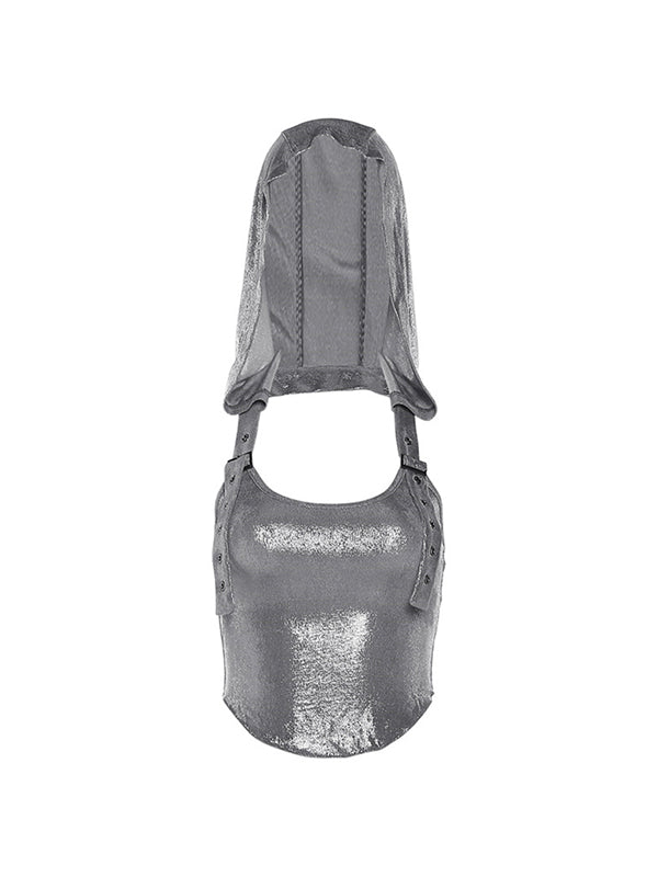 Metallic Eyelet Buckle Hooded Halter Vest