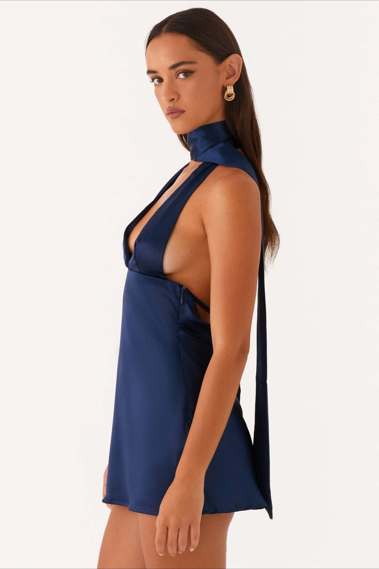 Satin Halter Scarf Tie Deep V-Neck Open Side Backless Mini Dress
