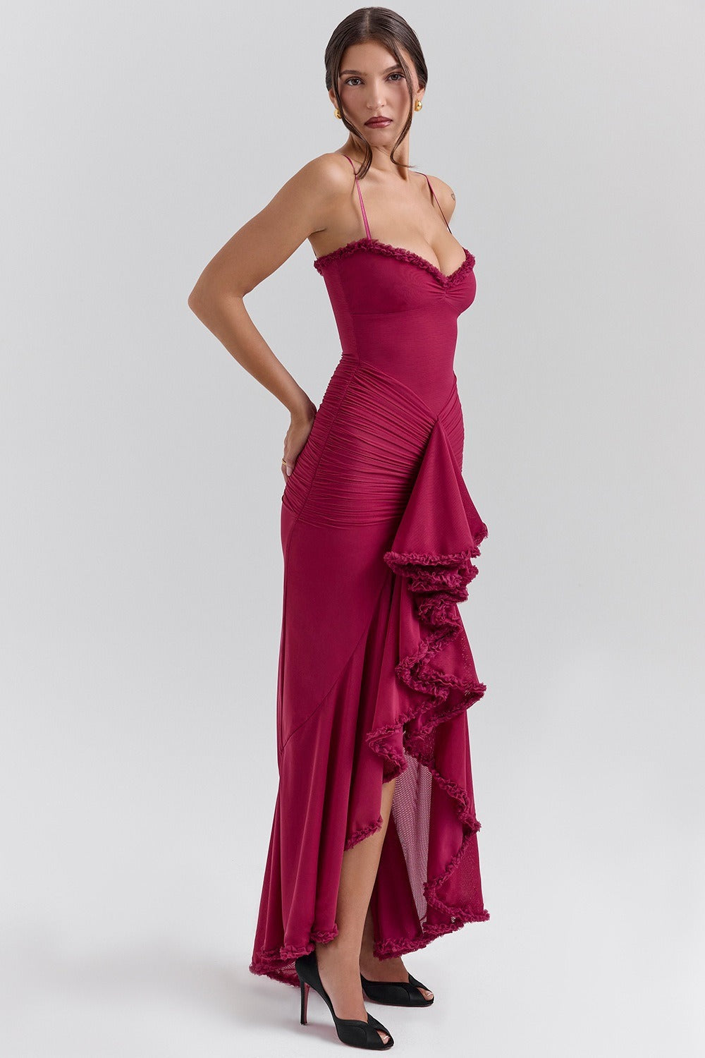 Sweetheart Spaghetti Strap Ruched Mesh Ruffle Trim Wrap High Slit Maxi Dress