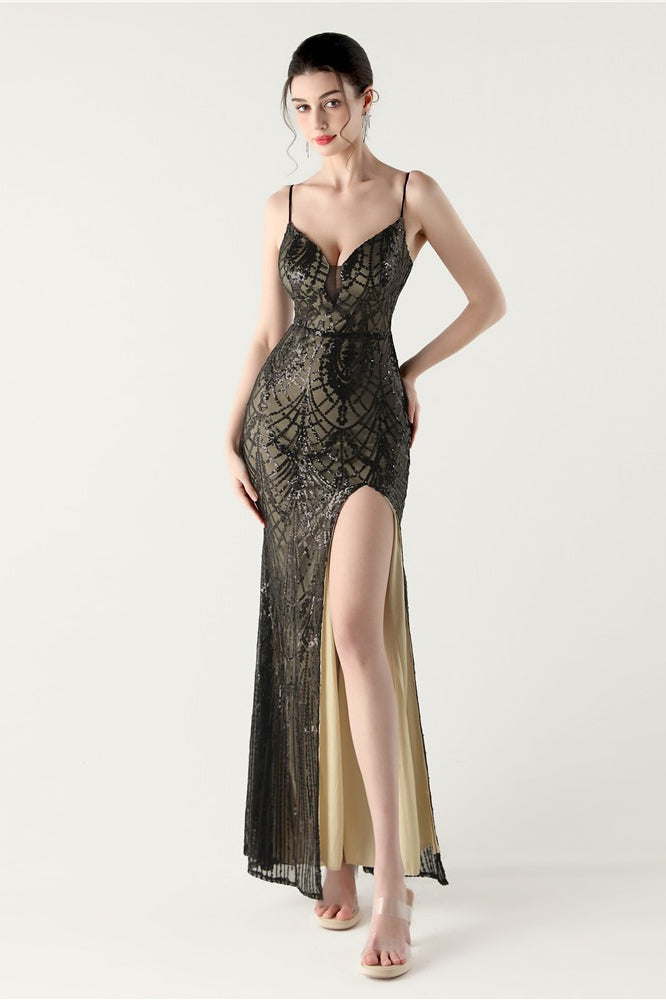 | Sequin V Neck Cross Strap Maxi Dress