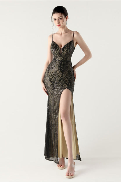 | Sequin V Neck Cross Strap Maxi Dress