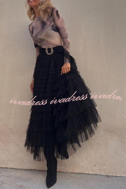 Be Your Own City Queen Tiered Elastic Waist Tulle Maxi Skirt