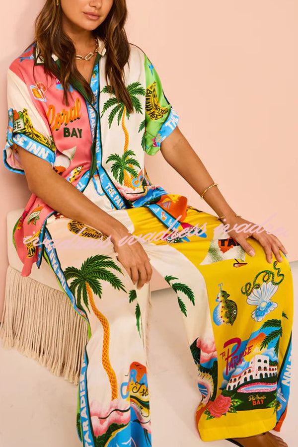 Kissed By The Sun Satin Unique Print Colorblock Button Down Oversized Blouse