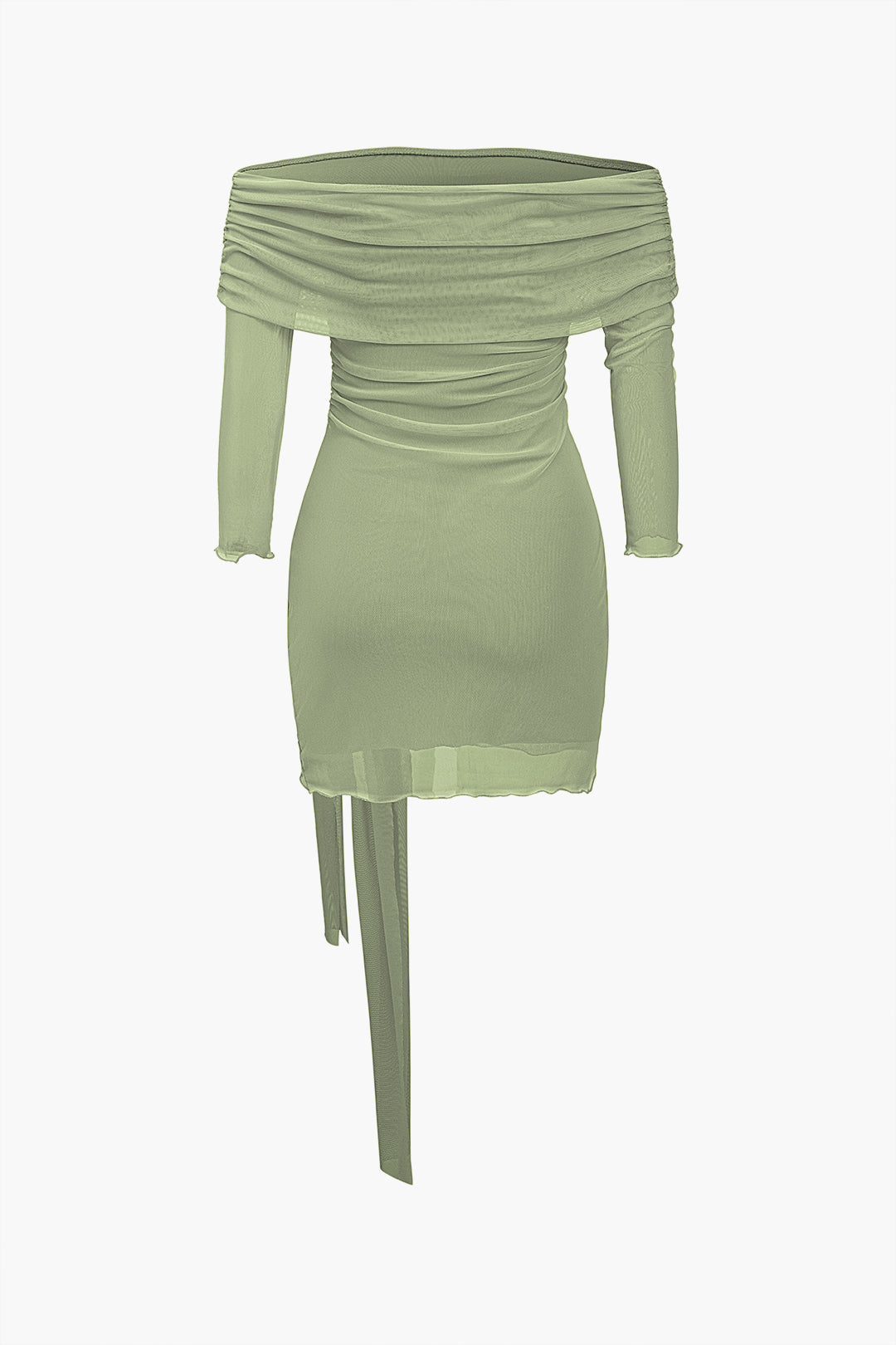 Off Shoulder Ruched Long Sleeve Side Sash Drape Bodycon Mini Dress