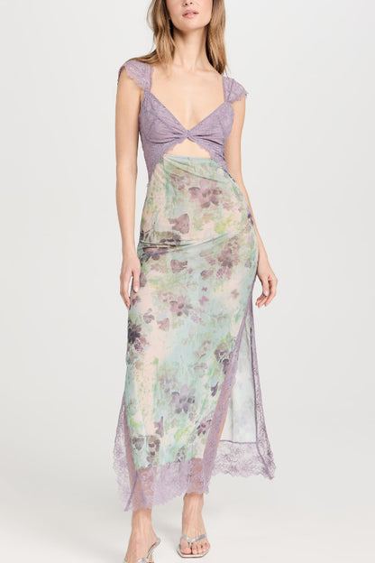 Floral Print Lace Patchwork Hollow-out Slim-fit Midi Dress