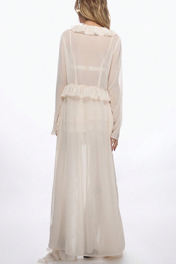 Solid Color Loose Long-sleeved Ruffled Holiday Cover-up Robe