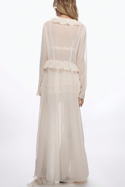 Solid Color Loose Long-sleeved Ruffled Holiday Cover-up Robe