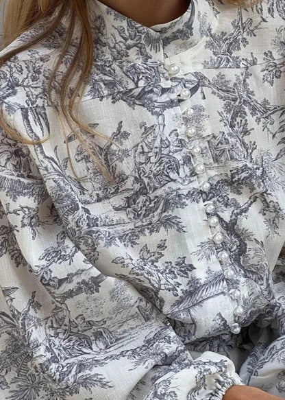 Toile Print Mandarin Collar Puff Sleeve Tie Waist A-Line Mini Dress