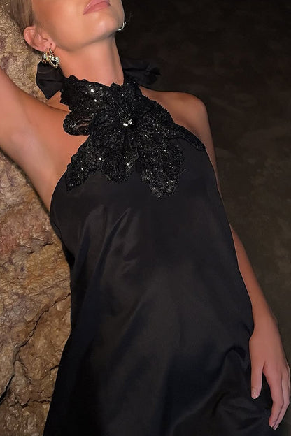 Floral Embellished Satin Halterneck Backless Resort Maxi Dress