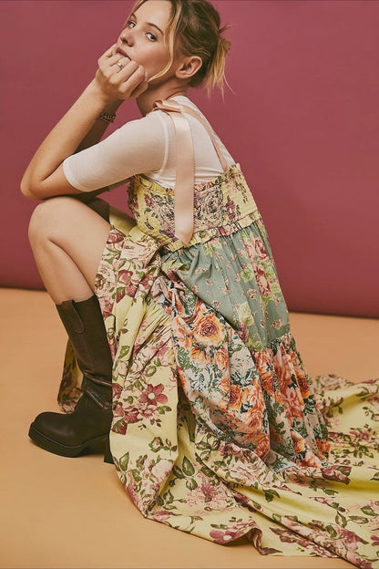 Smocked Tie Shoulder Bow Tiered Patchwork Floral Print Maxi Dress