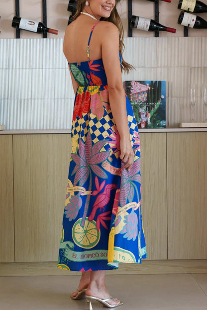 Linen Blend Unique Print Square Neck Pocket Casual Vacation Maxi Dress
