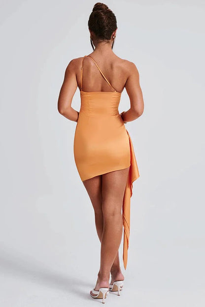 One-Shoulder Ruched Satin Draped Side Panel Bodycon Mini Dress