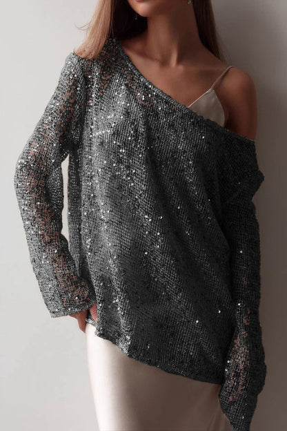 Fashionable Sequined Cutout Casual Long-sleeved Loose Cover-up Top
