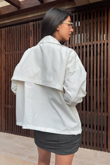 White Stand Collar Long Sleeve Loose Slim Casual Jacket