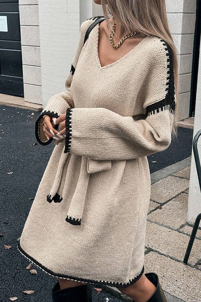 Stylish Loose-fitting Long-sleeved Tie-waist Knit Mini Dress