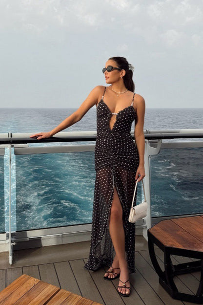 Polka Dot Print Mesh Spaghetti Strap Keyhole Ruched High-Slit Maxi Dress