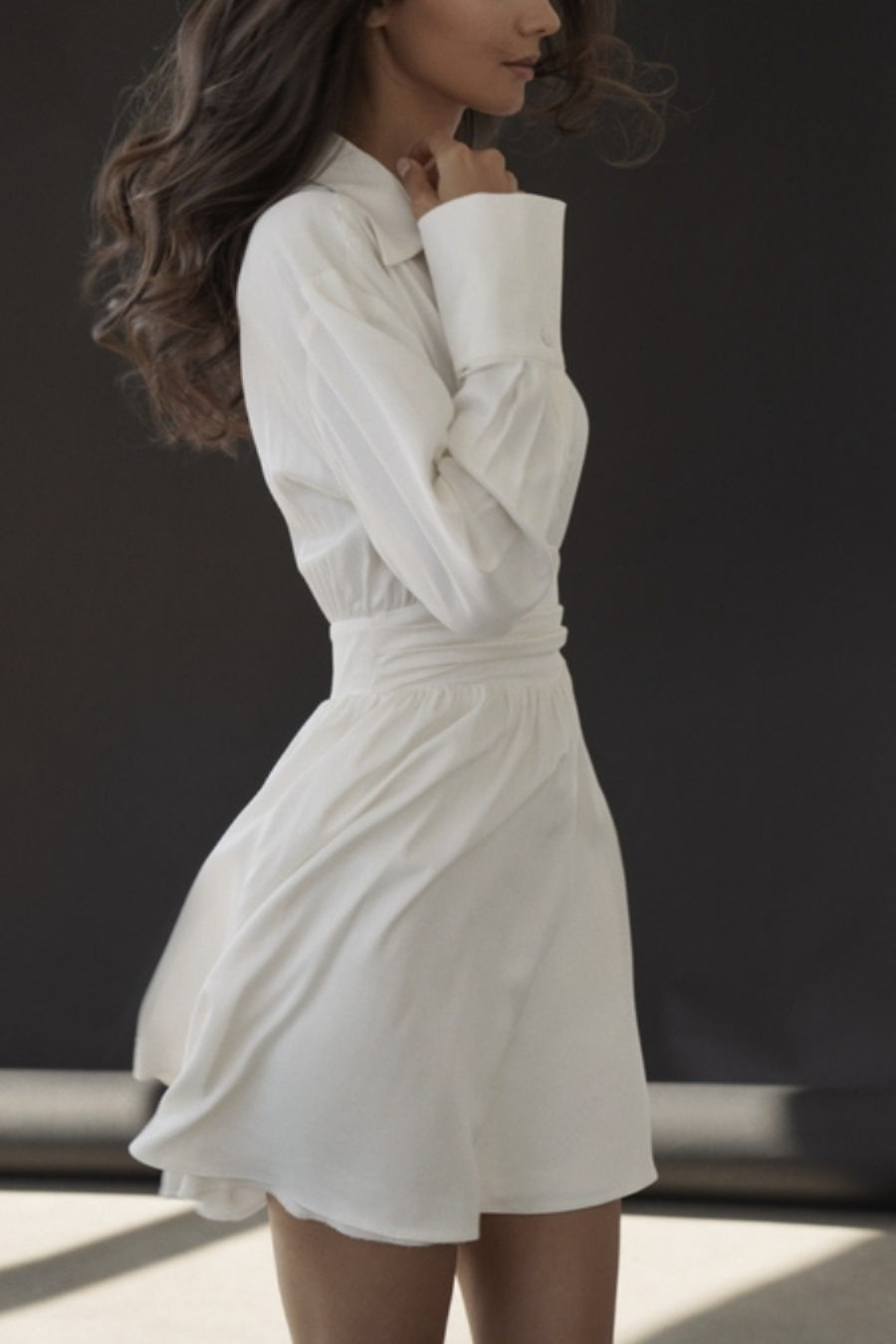 Pointed Collar Deep V-Neck Pleated Waistband Cuff Long Sleeve Mini Dress