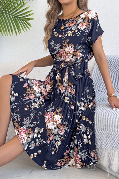 Floral Print Round Neck Fitted Waist Tie Pleated Midi Dress