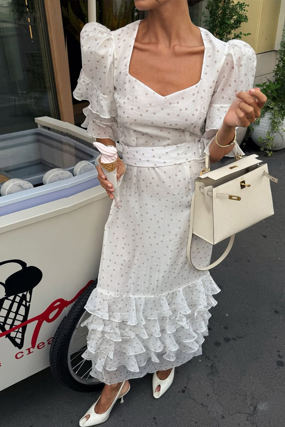 Polka Dot Tiered Ruffle Long Sleeve Cinched Waist Maxi Dress