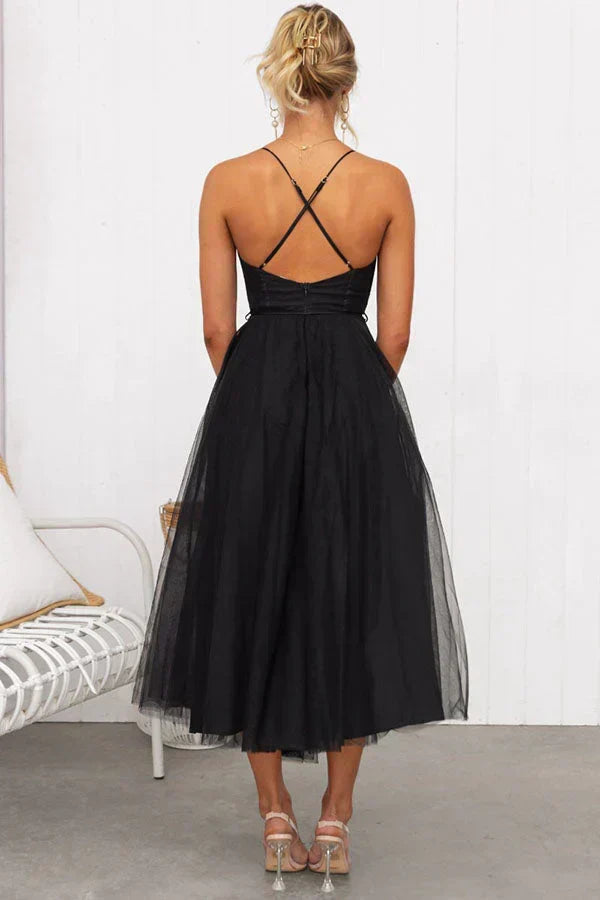 Sweetheart Neck Spaghetti Strap Corset Lace Up Tulle Skirt Midi Dress