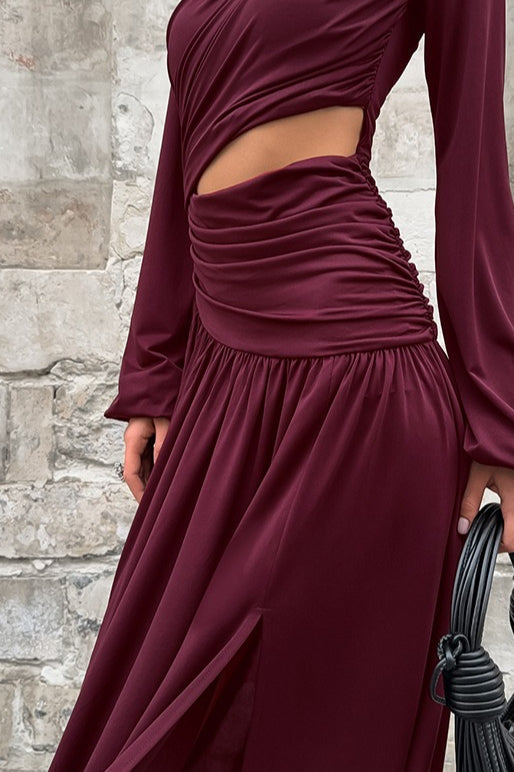 Crew Neck Bishop Sleeve Midriff Cutout Ruched Drape High Slit Maxi Gown