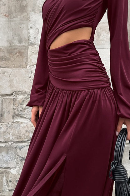 Crew Neck Bishop Sleeve Midriff Cutout Ruched Drape High Slit Maxi Gown