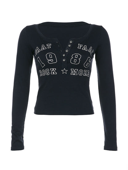 Number Letter Print Breasted Slim Long Sleeve Tee