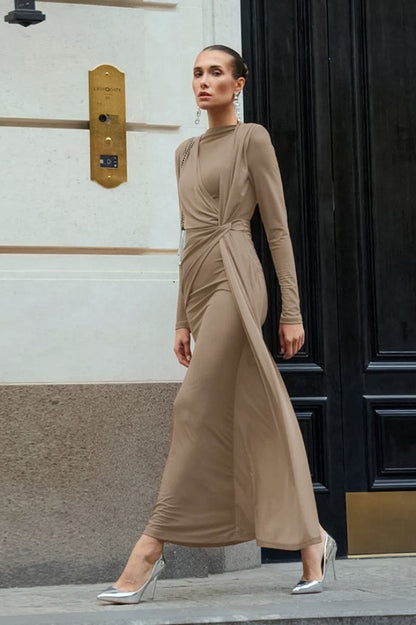 Draped Twist Front Ruched Long Sleeve Maxi Gown