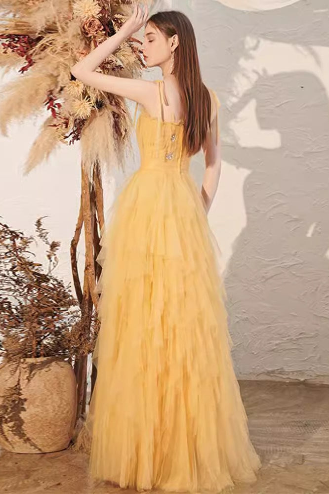 Sweetheart Ruched Bow Strap Tiered Tulle A-Line Maxi Gown