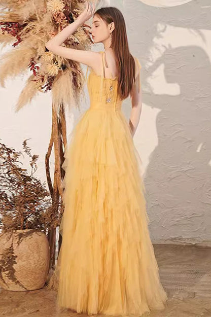 Sweetheart Ruched Bow Strap Tiered Tulle A-Line Maxi Gown