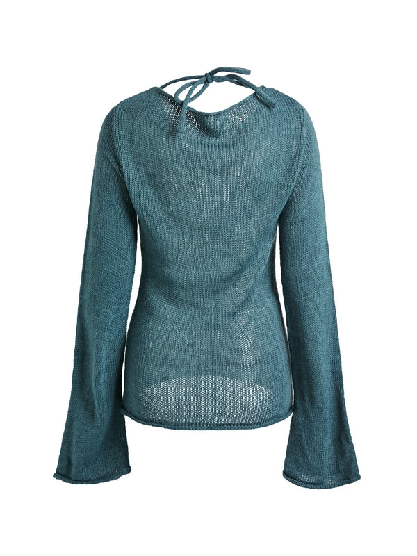Solid Color Backless Lace Up Long Sleeve Knit