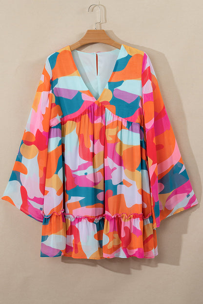 Abstract Geometric Print Deep V-Neck Bell Sleeve Tiered Ruffle Mini Dress