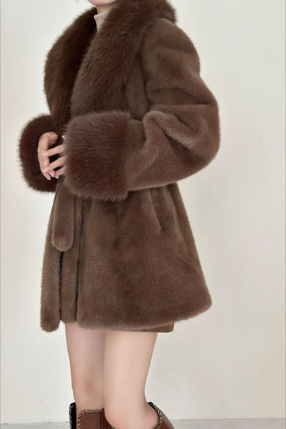 Faux Animal Fur Suede Mid-Length Notch Collar Tie Waist Coat