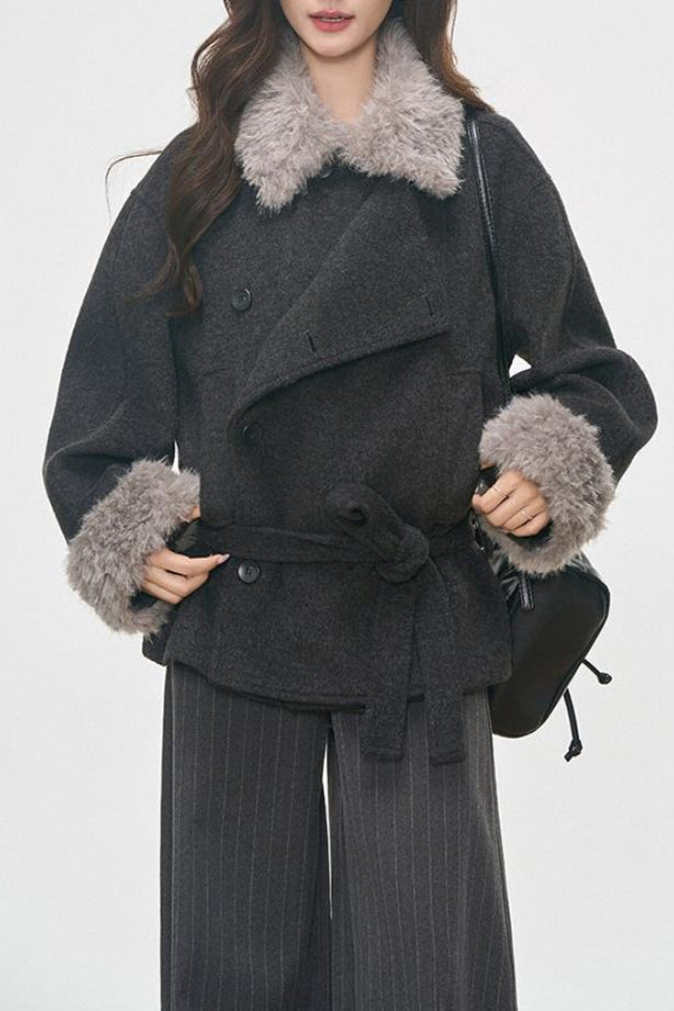 Vintage Fur Collar Fur Cuffs Short Woolen Coat