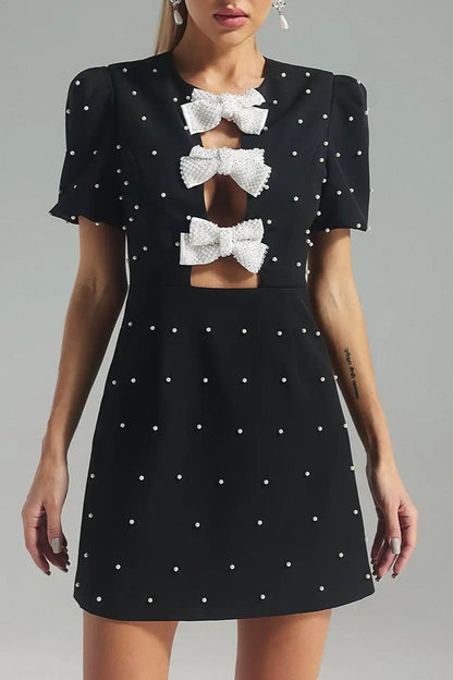 Crew Neck Pearl Stud Bow Front Keyhole Mini Dress