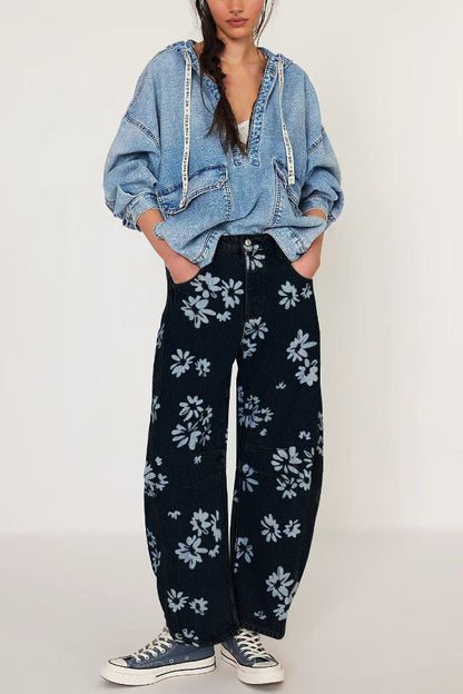 Fashionable Printed Casual Loose Mid-rise Pocket Leg Jeans