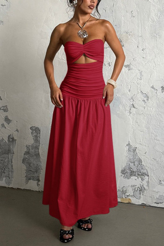 Strapless Twist Front Cutout Ruched Tiered Maxi Dress