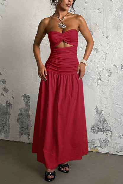 Strapless Twist Front Cutout Ruched Tiered Maxi Dress