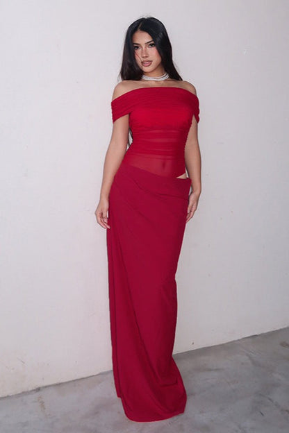 | Off-the-Shoulder Ruched Tulle Maxi Dress
