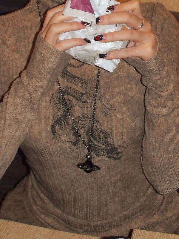 Tribal Dragon Print Studded Long Sleeve Knit