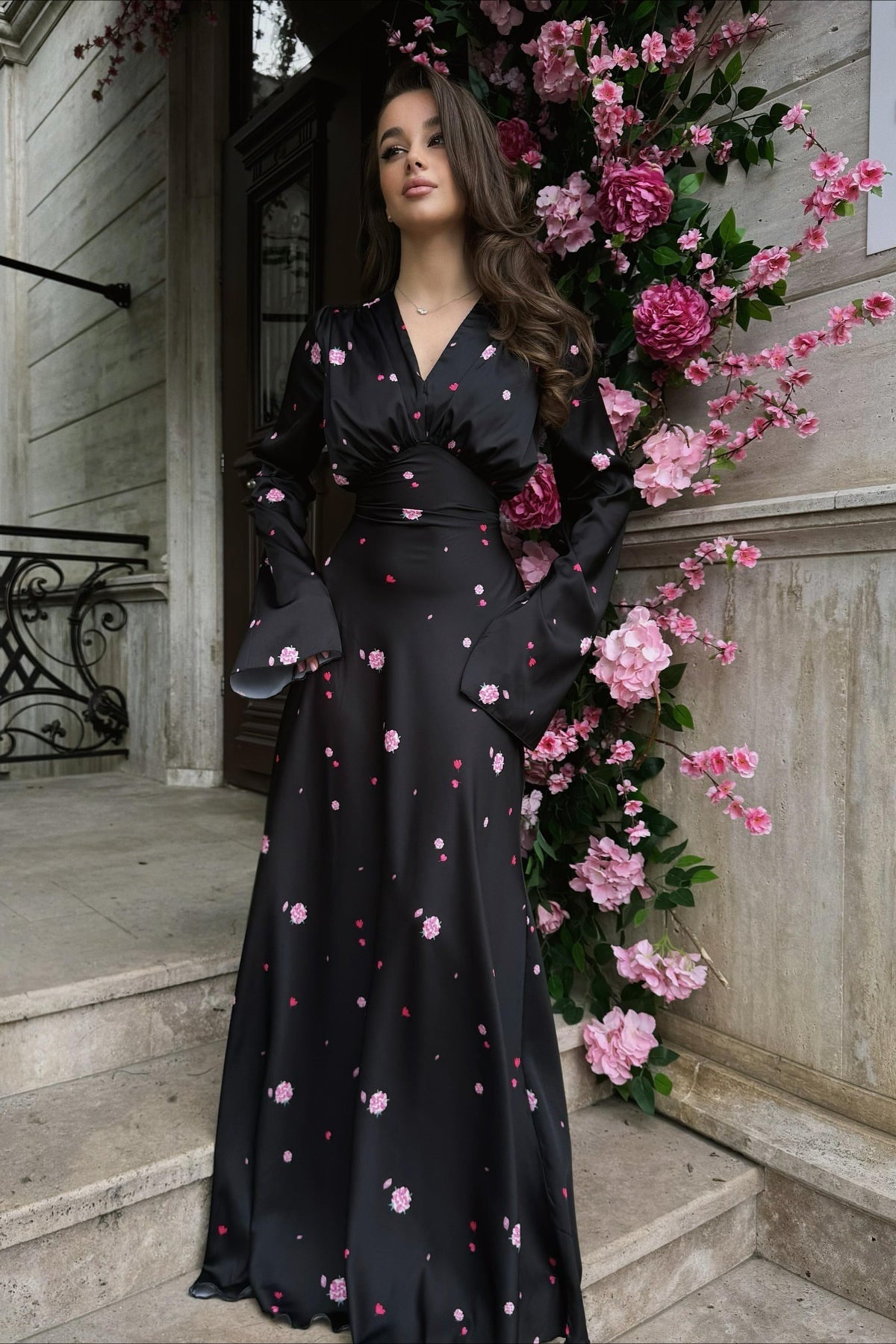 | Satin Floral V Neck Flared Hem Maxi Dress