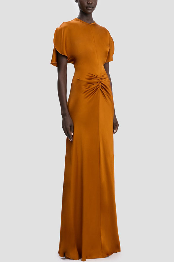 Isabella Satin Short Sleeve Ruched Waist V-shape Back Gown Maxi Dress