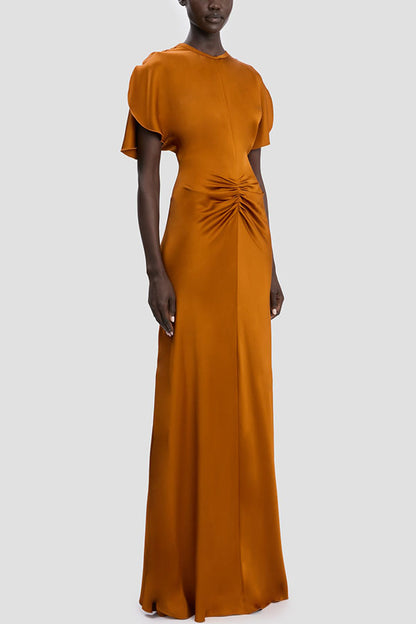 Isabella Satin Short Sleeve Ruched Waist V-shape Back Gown Maxi Dress