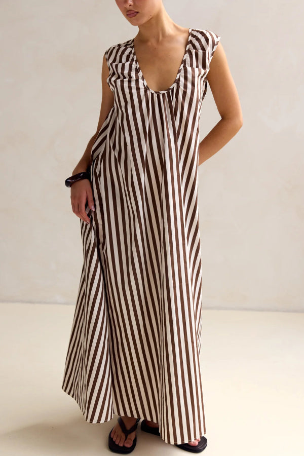 Striped Polka Dot Print Loose Sleeveless Casual Vacation Maxi Dress