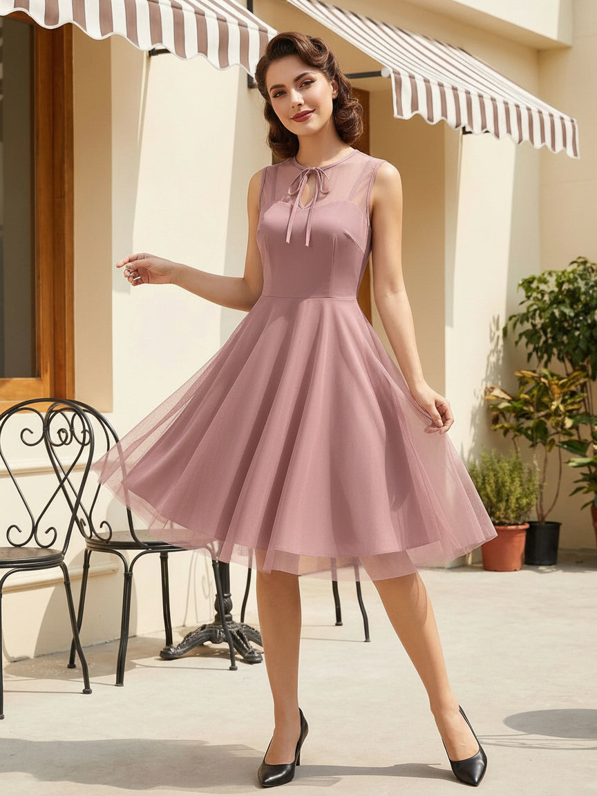 Retro Dress Burgundy Sheer 1950s Style Bows Sleeveless Jewel Neck Medium Rockabilly Dress